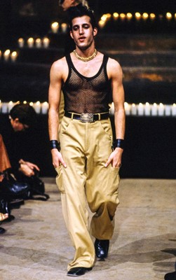 Lot 21 - A pair of Alexander McQueen men's beige brushed wool-blend trousers, 'Dante' collection, Autumn-Winter 1996-97