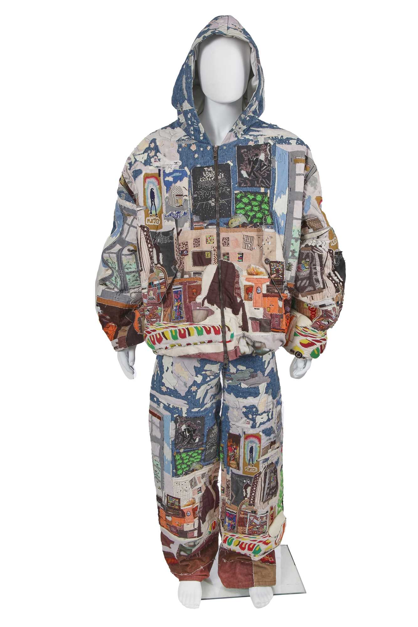 Lot 7 - A fine Louis Vuitton by Colm Dillane men's patchwork cotton 'Teenage Bedroom' ensemble, possibly the showpiece, Autumn-Winter 2023-24