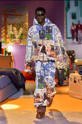 Lot 7 - A fine Louis Vuitton by Colm Dillane men's patchwork cotton 'Teenage Bedroom' ensemble, possibly the showpiece, Autumn-Winter 2023-24