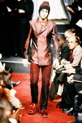 Lot 116 - A Jean Paul Gaultier men's black and red jacquard woven blazer, ‘Like a Prayer’ collection, Autumn-Winter 1998-99