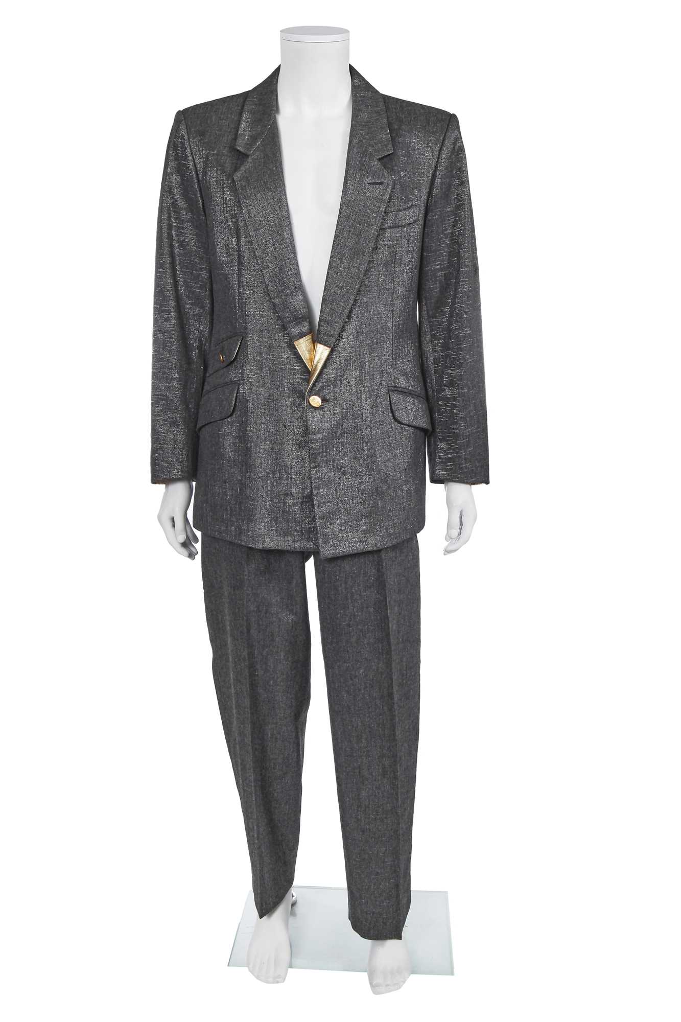 Lot 67 - A rare Vivienne Westwood men's silver wool and gold leather suit, 'Time Machine' collection, Autumn-Winter 1988-89