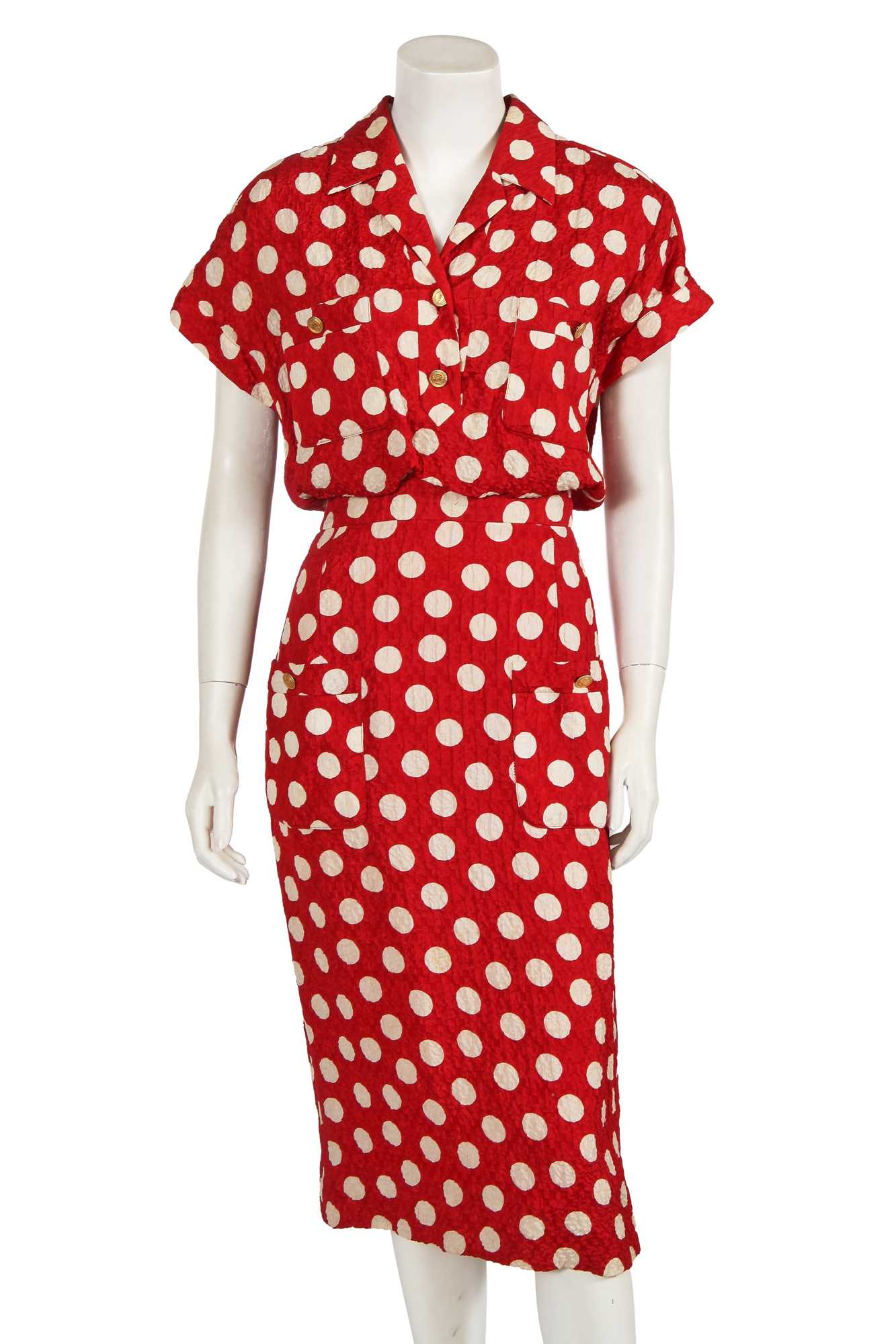 Lot 239 - A Chanel by Karl Lagerfeld red and white polka dot silk dress, Spring-Summer 1987
