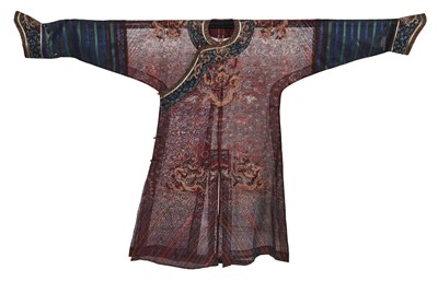 Lot 908 - An embroidered chestnut brown silk gauze summer dragon robe, jifu, circa 1900