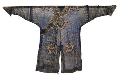 Lot 910 - An embroidered midnight blue summer gauze dragon robe, jifu, Chinese, circa 1910