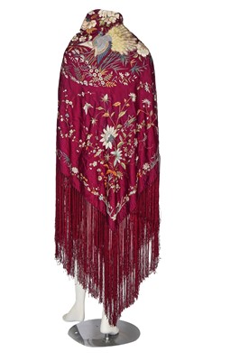 Lot 898 - An embroidered purple satin shawl or cover, Chinese, circa 1900
