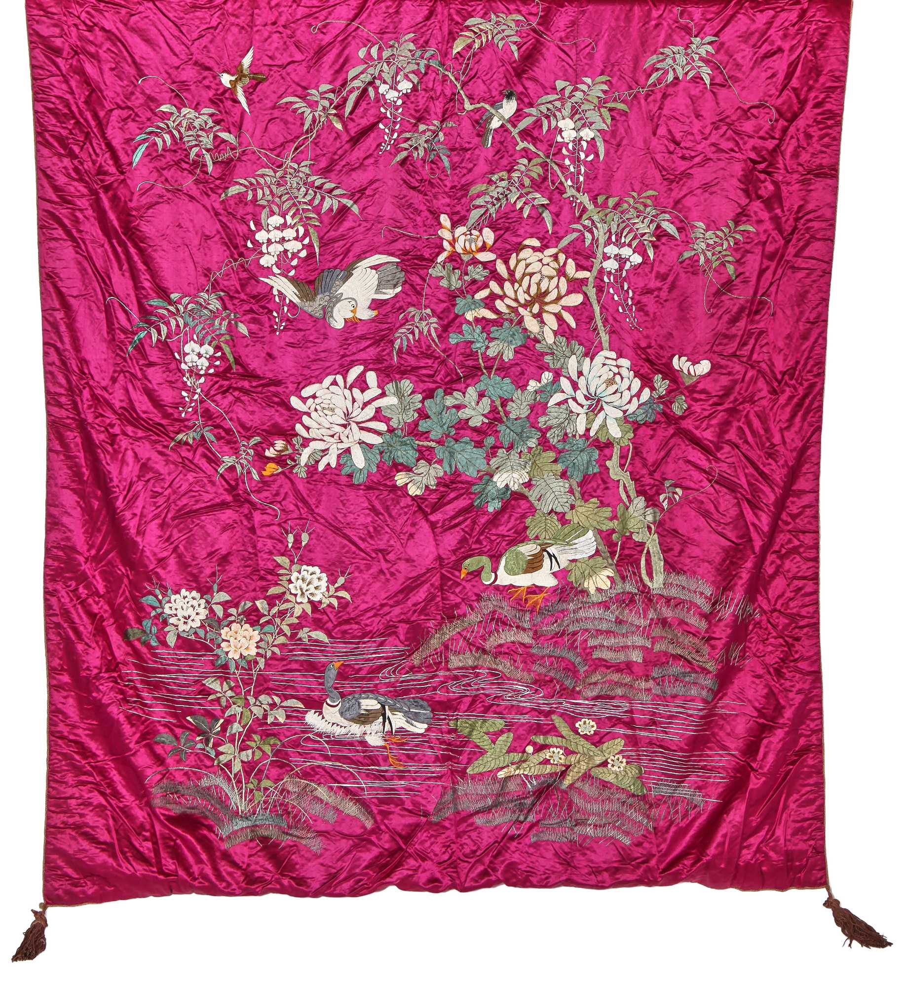 Lot 892 - An embroidered cyclamen-pink satin coverlet,