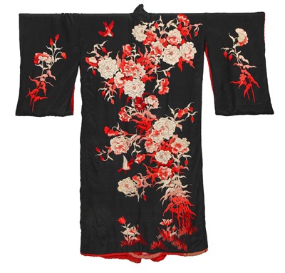 Lot 889 - An embroidered black silk kimono, Japanese for the European market, 1930s