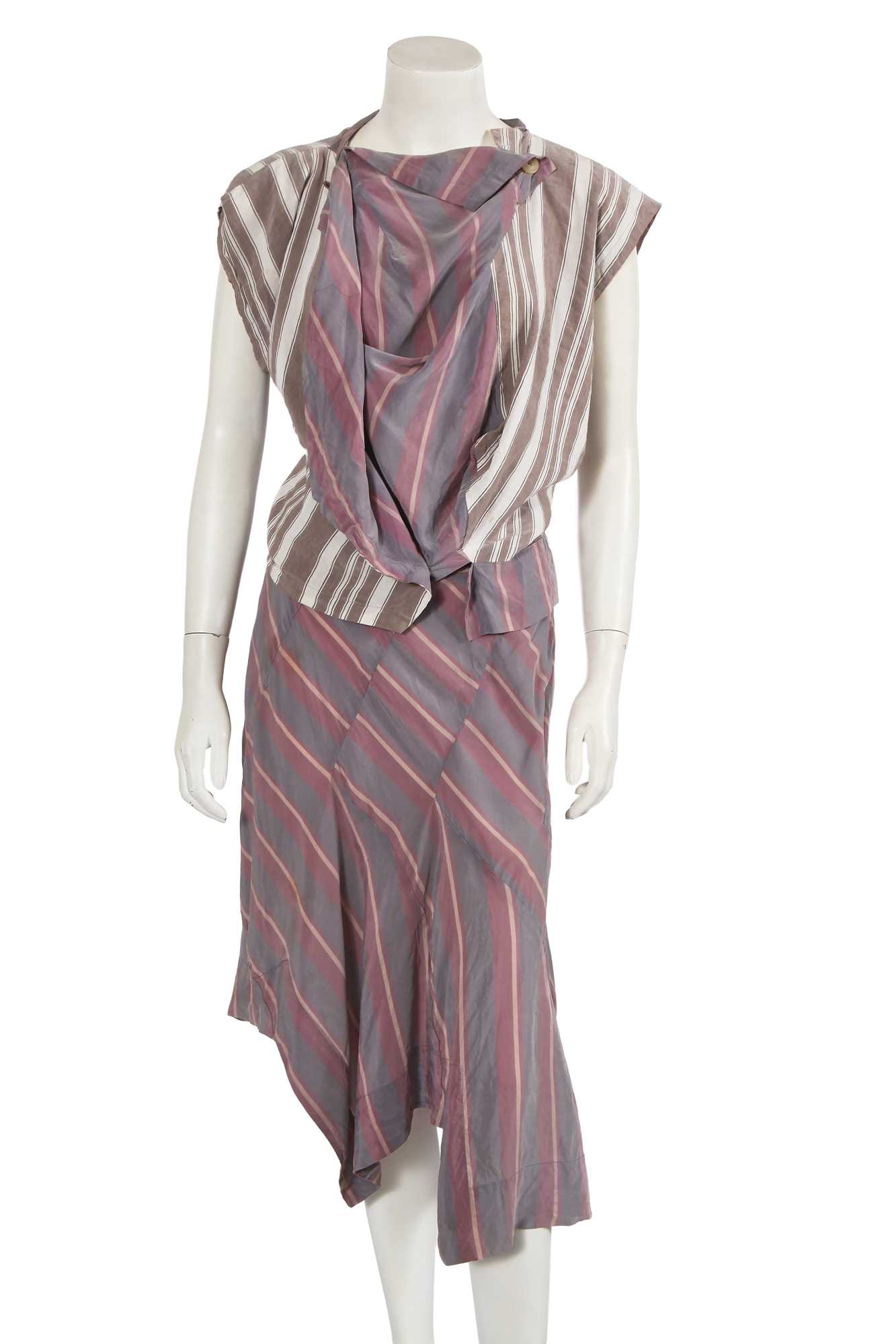 Lot 344 - A Vivienne Westwood striped viscose and acetate ensemble, 'Active Resistance' collection, Spring-Summer 2006