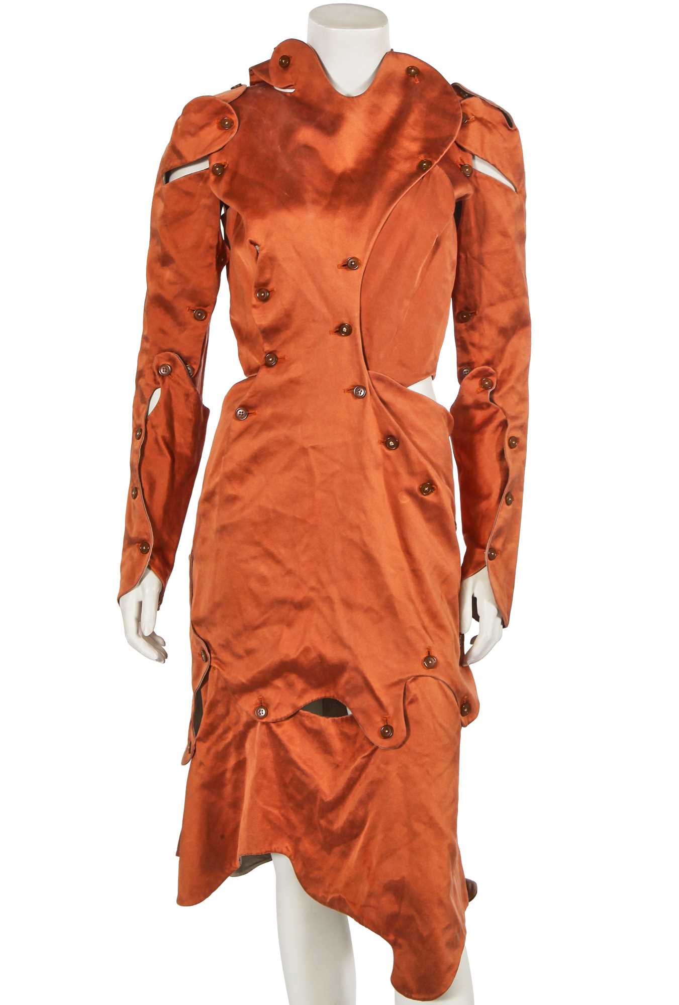 Lot 342 - A Vivienne Westwood copper-tone satin coat-dress, 'Wake Up, Cave Girl' collection, Autumn-Winter 2007-08
