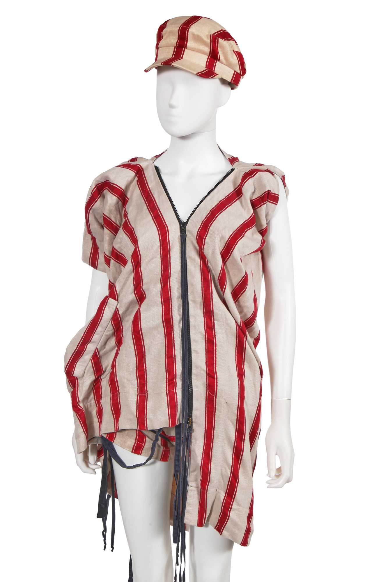 Lot 346 - A Vivienne Westwood ecru and red Harvard striped kitchen towel ensemble, circa 2005