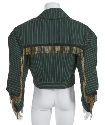 Lot 285 - A Leigh Bowery pinstriped jacket with Kirby grip fringes, 1986