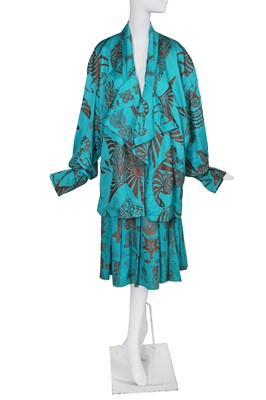 Lot 289 - A fine BodyMap bright turquoise printed cotton ensemble, 'Is a Comet a star...a moon... a sun...Aura Racoon' collection, Spring-Summer 1986