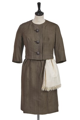 Lot 491 - A Christian Dior New York taupe wool-silk blend suit, late 1950s