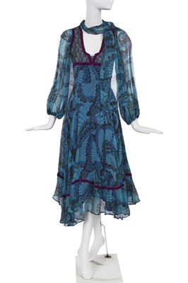 Lot 429 - A Thea Porter buttefly print chiffon 'Gypsy' dress and scarf, 1970