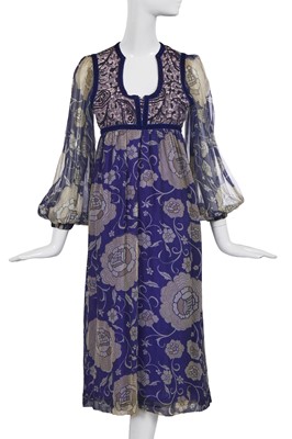 Lot 427 - A Thea Porter blue and white printed chiffon 'Gypsy' dress, circa 1970