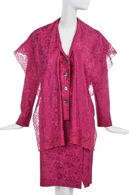 Lot 252 - A Christian Dior by John Galliano pink damask wool-blend suit, 'Sportswear on Heels' collection, Autumn-Winter 1998-99