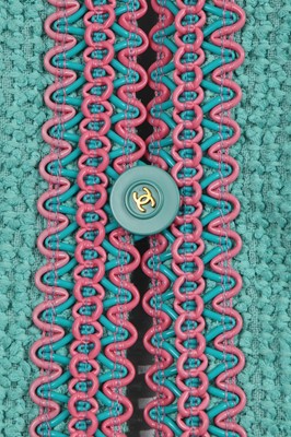 Lot 37 - A Chanel by Karl Lagerfeld turquoise cotton-wool blend bouclé suit, Spring-Summer 1994
