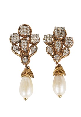 Lot 53 - A pair of Chanel by Karl Lagerfeld gilt, rhinestone and faux pearl earrings, 1983