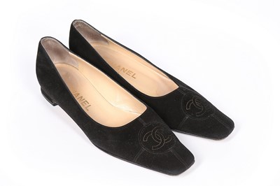 Lot 128 - A pair of Chanel black satin ballet pumps,...