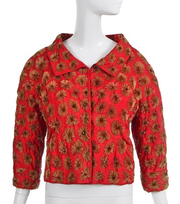 Lot 471 - A Balenciaga haute couture embellished red silk jacket, circa 1960
