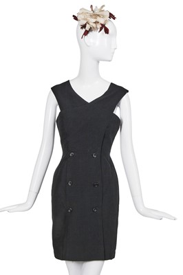 Lot 312 - A John Galliano navy cotton-wool blend pinafore dress with floral fabric headpiece, 'The Rose' collection, Autumn-Winter 1987-88