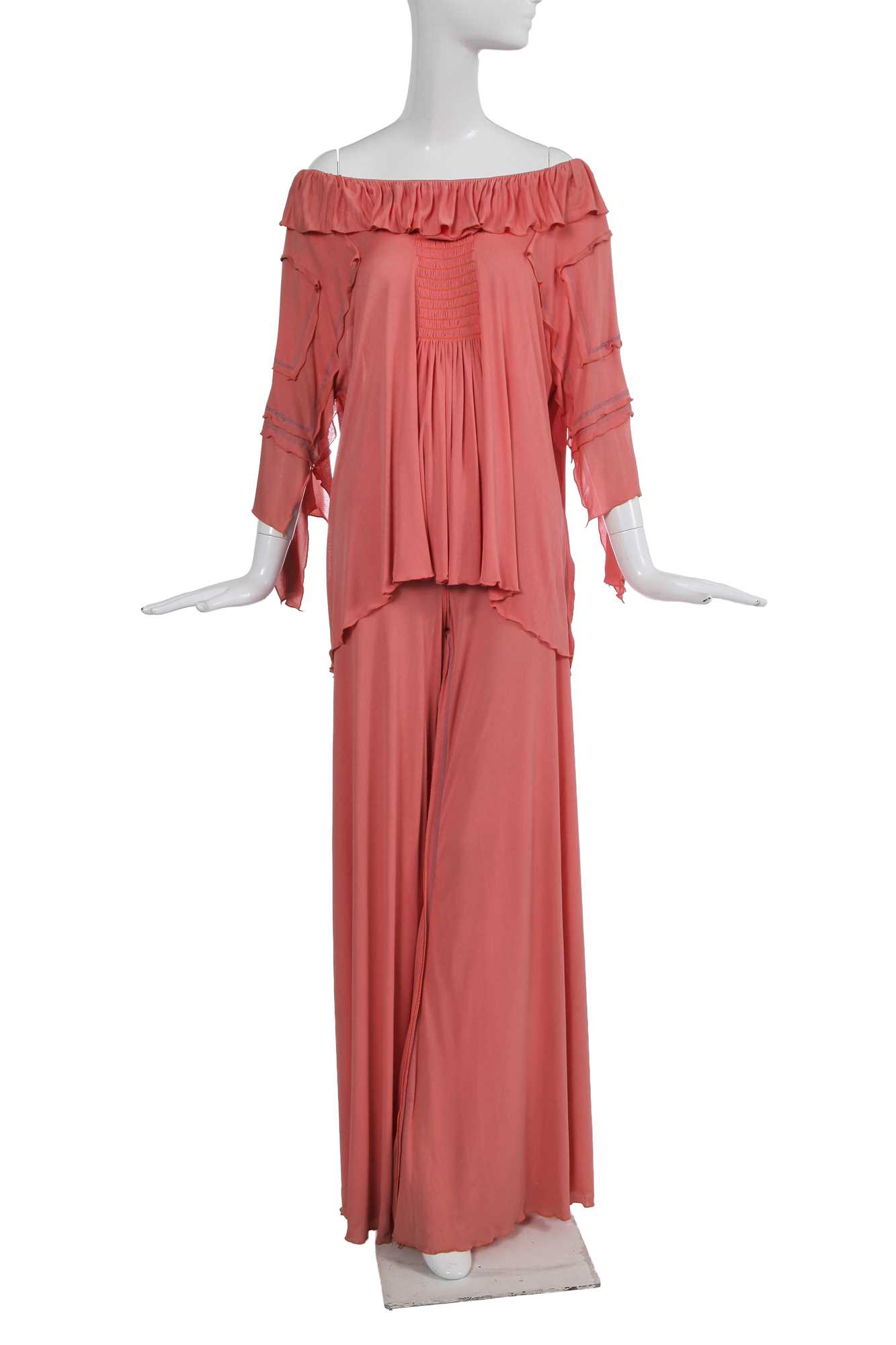 Lot 416 - A Zandra Rhodes orange jersey rayon ensemble, 1974