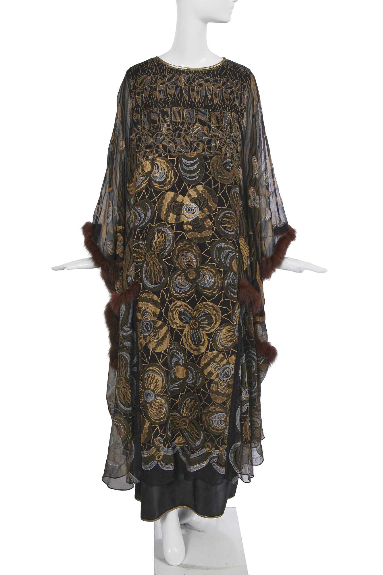 Lot 112 - A special-order Zandra Rhodes printed black chiffon kaftan, 2011