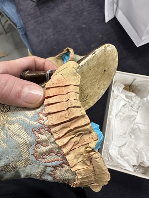 Lot 545 - A pair of rare brocaded silk high-fashion mules, Palermo, Italy, 1700-1720