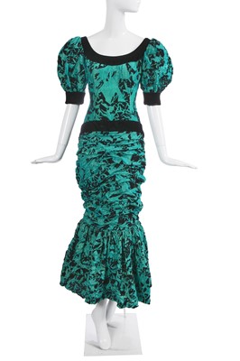 Lot 377 - An Yves Saint Laurent haute couture flocked crushed taffeta evening gown, Autumn-Winter 1984-85