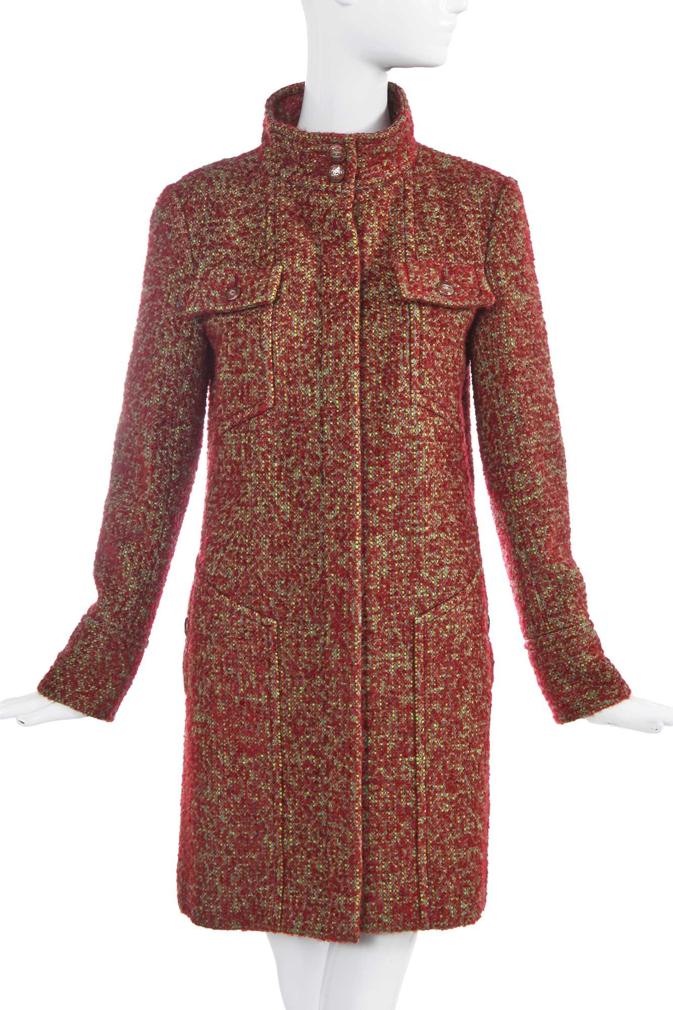Lot 17 - A Chanel by Karl Lagerfeld green and red bouclé tweed coat, Autumn-Winter 2014-15