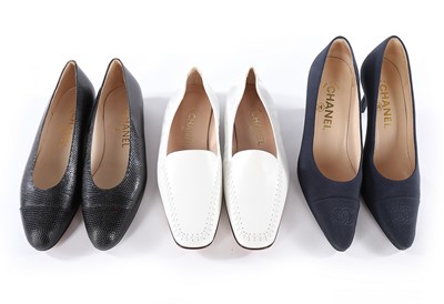 Lot 336 - Three pairs of Chanel shoes, modern, stamped...