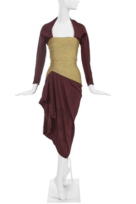 Lot 298 - A John Flett maroon viscose and gold lurex dress, Autumn-Winter 1988-89