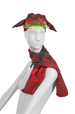 Lot 339 - A rare Westwood/McLaren Keith Haring patterned hat with visor and scarf, 'Witches' collection, Autumn-Winter 1983-84