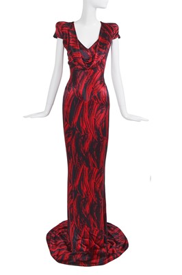 Lot 120 - An Alexander McQueen red and black feather-print evening gown, commercial collection 2009