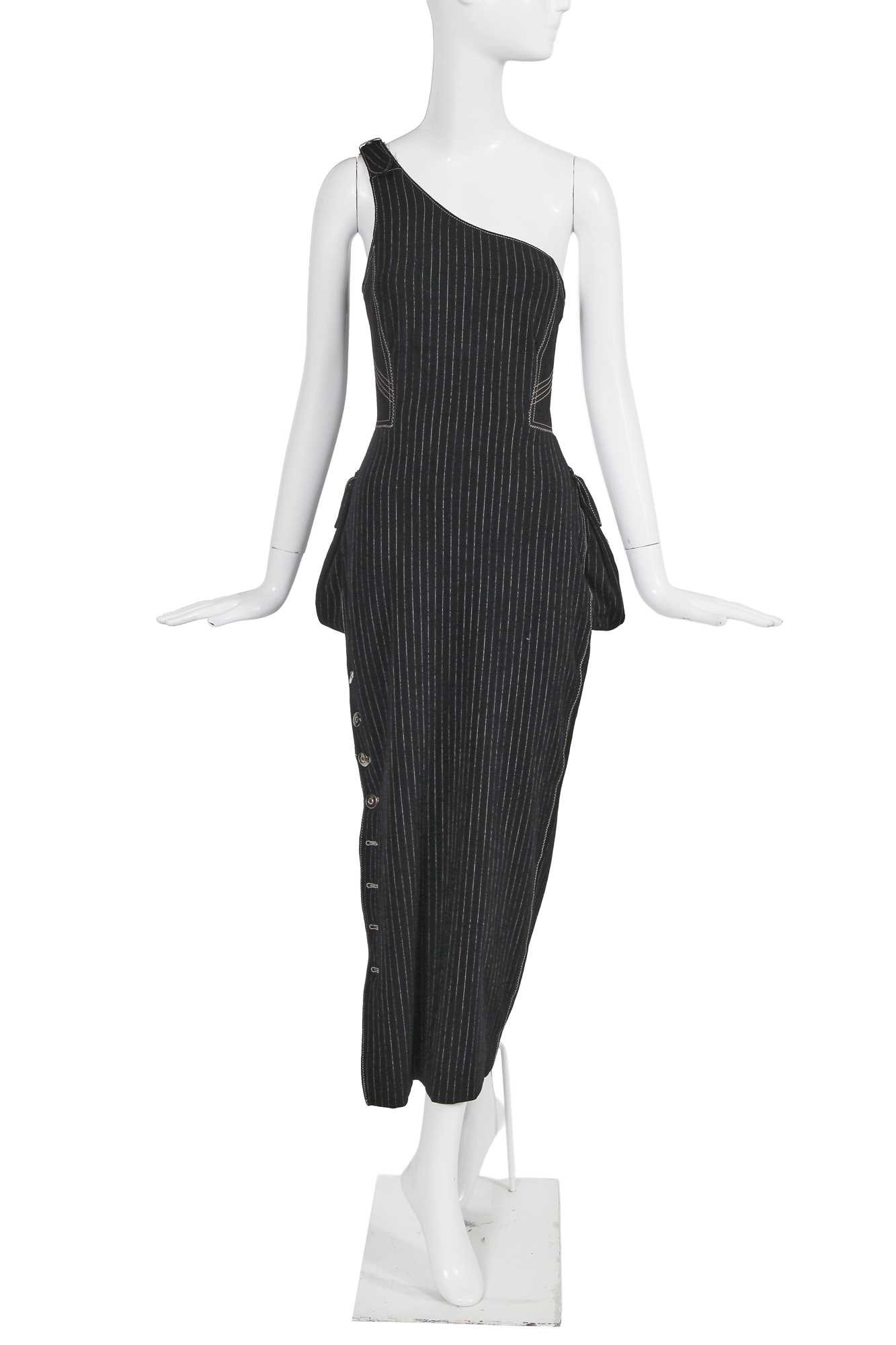 Lot 225 - A Jean Paul Gaultier pinstriped wool-blend dress, 'Europe de I’avenir' collection, Autumn-Winter 1992-93