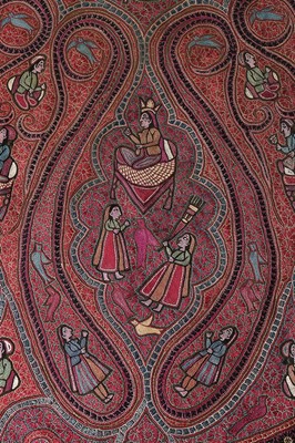 Lot 446 - An embroidered figurative shawl, Indian or...