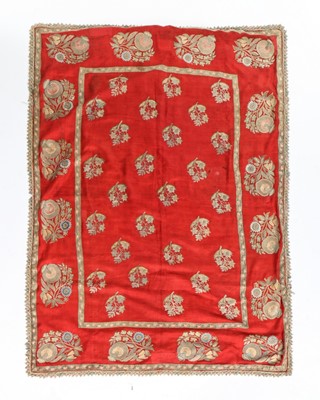 Lot 347 - An embroidered scarlet wool panel, Ottoman,...