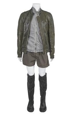 Lot 97 - A Rick Owens men's grey and black leather and cotton ensemble, circa 2008