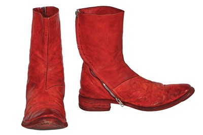 Lot 83 - A pair of Carol Christian Poell men's garment-dyed red leather diagonal zip Goodyear boots, 2000s