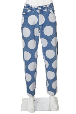 Lot 172 - A pair of Vivienne Westwood men's blue and white polka dot denim jeans, 'Mini Crini' collection, Spring-Summer 1986