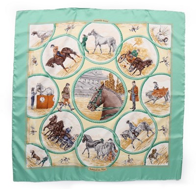 Lot 143 - Four Hermès equestrian-themed silk scarves,...