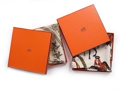 Lot 143 - Four Hermès equestrian-themed silk scarves,...