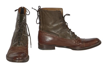 Lot 128 - A pair of Lee McQueen's Alexander McQueen green and brown leather Balmoral boots, 2000s