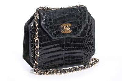 Lot 32 - A Chanel octagonal black alligator bag,...