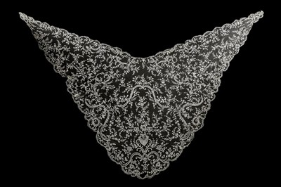 Lot 406 - A Brussels needlepoint triangular lace shawl,...