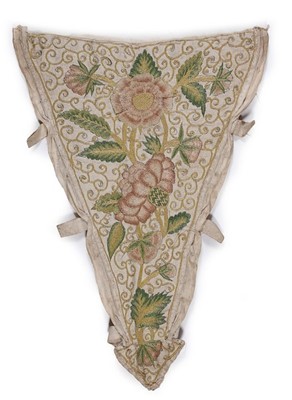 Lot 128 - An embroidered linen stomacher, circa 1710,...