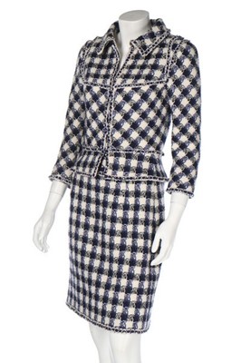 Lot 123 - A Chanel navy and white checked tweed suit,...