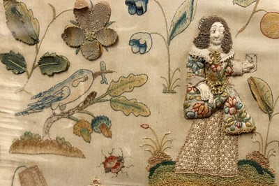 Lot 143 - A fine stumpworked, embroidered pillow worked...