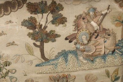 Lot 143 - A fine stumpworked, embroidered pillow worked...