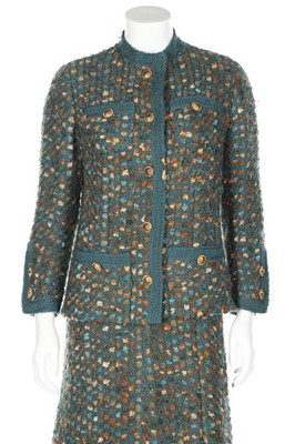 Lot 1 - A Chanel couture peacock blue and brown...
